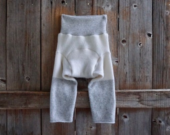 Upcycled Cashmere  Longies Soaker Cover Diaper Cover With Two Added Doubler Creamy White / Light Gray MEDIUM 6-12 Months