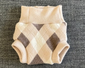 Upcycled Cashmere Soaker Cover Diaper Cover With Three Full Layers Cream Argyle Pattern SMALL 3-6 Months