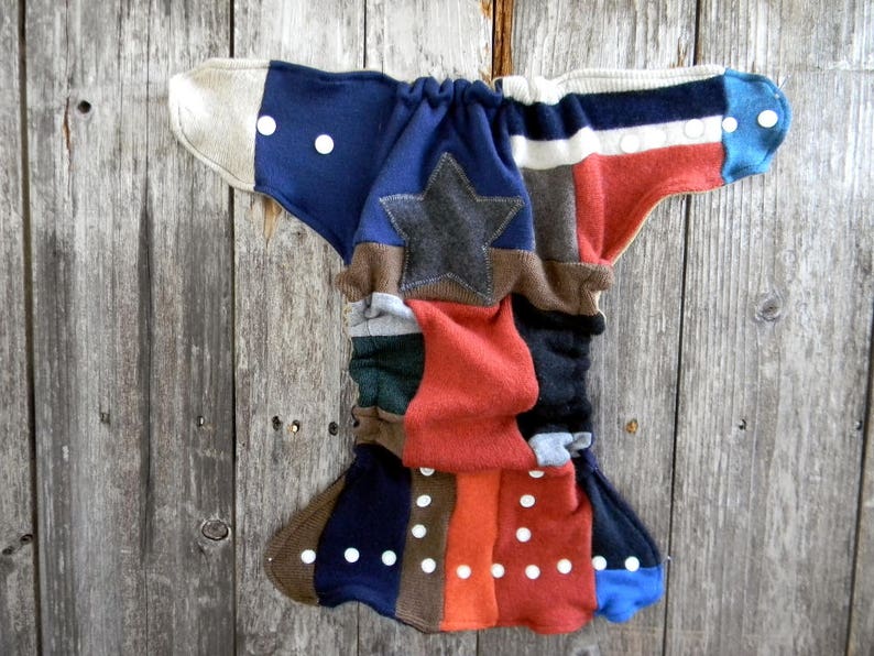 Upcycled Wool Nappy Cover Diaper Wrap Cloth Diaper One Size Fits Most Crazy Patchwork Scrappy With Star Applique BeigeNavy Blue