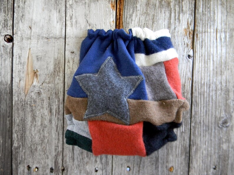 Upcycled Wool Nappy Cover Diaper Wrap Cloth Diaper One Size Fits Most Crazy Patchwork Scrappy With Star Applique BeigeNavy Blue