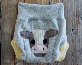 Upcycled Cashmere Diaper Cover Soaker Cover : Pale Gray/ Yellow With Cow Applique, SMALL ( 3-6 Months)