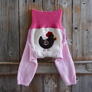 Upcycled Cashmere Longies Soaker Cover Diaper Cover With Added Doubler Pink With Chicken Applique MEDIUM 6-12 Months