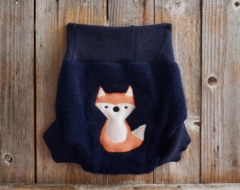 Upcycled Cashmere/ Merino Wool Diaper Cover Soaker Cover With Added Doubler Navy Blue With Fox Applique LARGE 12-24 Months