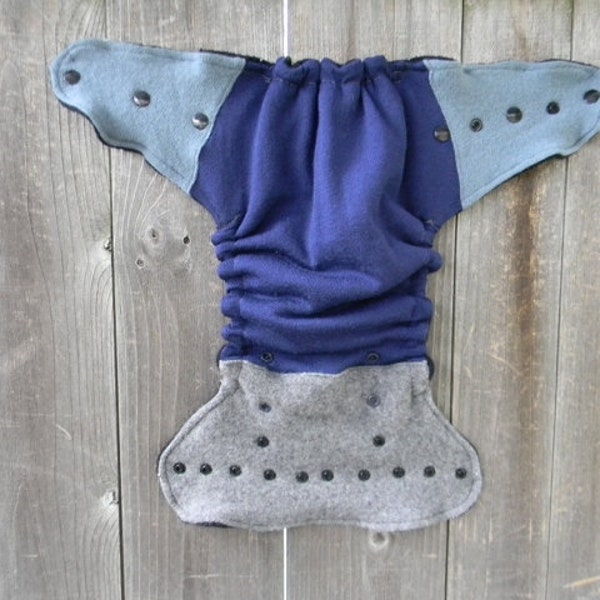 Upcycled Wool  Nappy Cover Diaper Wrap Cloth Diaper Cover One Size Cover Gray /Blue Colorblock/ Black