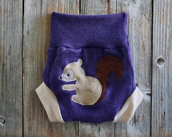 Upcycled Merino Wool Soaker Cover Diaper Cover With Added Doubler Beige/ Purple With Squirrel Applique MEDIUM 6-12 Months