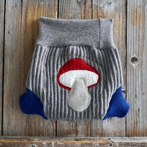Upcycled 100% Cashmere Soaker Cover Diaper Cover With Added Doubler Tan/ Blue With Mushroom Applique  MEDIUM 6-12 Months