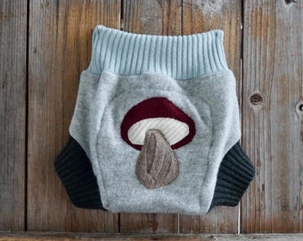 Upcycled Cashmere Diaper Cover Shorties: Gray Blue Green Mushroom Applique (12-24 Months, LARGE)