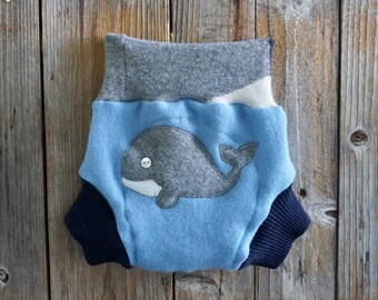 Upcycled Cashmere/ Merino Wool Soaker Cover Diaper Cover With Added Doubler Gray/ Blue With Whale Applique MEDIUM 6-12 Months