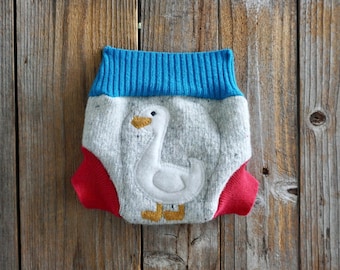 Upcycled Lambswool And Cashmere Diaper Cover Soaker Cover: Goose Applique, NEWBORN ( 0-3 Months)