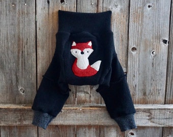 Upcycled Cashmere Longies Soaker Cover With Added Doubler Black/ Charcoal Gray With Fox Applique MEDIUM 6-12 Months