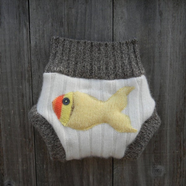 Upcycled Wool  Soaker Cover Diaper Cover With Added Doubler White/Beige With Tropical Fish Applique NEWBORN Kidsgogreen