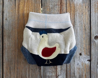 Upcycled Cashmere/ Merino Wool Soaker Cover Diaper Cover With Added Doubler Multicolor With Chicken Applique NEWBORN 0-3 Months