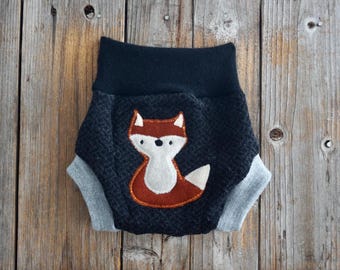 Upcycled Merino Wool & Cashmere Diaper Cover Soaker Black Gray Fox Applique MEDIUM (6-12 Months)