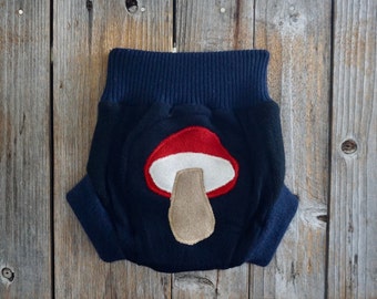 Upcycled Cashmere Soaker Cover Diaper Cover With Added Doubler Navy Blue With Mushroom Applique  MEDIUM 6-12 Months