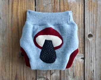 Upcycled Cashmere Diaper Cover: Blue Burgundy Mushroom Applique, Three Full Layer SMALL (3-6 Months)