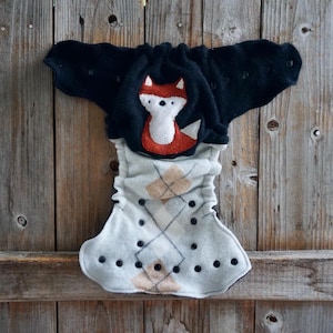 Upcycled Merino Wool Cashmere Diaper Cover: Fox Applique, Adjustable Fit