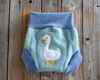Upcycled Cashmere Soaker Diaper Diaper Cover Mint Blue Lavender With Duck Applique MEDIUM ( 6-12 Months)