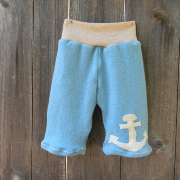 Upcycled Cashmere  Shorties Soaker Cover Diaper Cover Aqua Blue/Beige  With Anchor Applique MEDIUM 6-12M Kidsgogreen