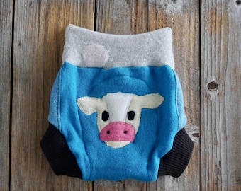 Upcycled Cashmere Diaper Cover: Blue Brow3n Light Gray With Cow Applique MEDIUM (6-12 Months)