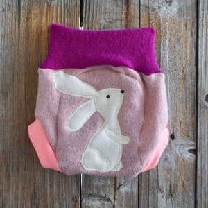 Upcycled Cashmere /Merino Wool Soaker Cover Diaper Cover Shorties With Added Dobler Pink With Bunny Applique SMALL 3-6 Months