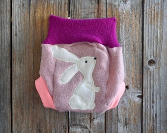 Upcycled Cashmere /Merino Wool Soaker Cover Diaper Cover Shorties With Added Dobler Pink With Bunny Applique SMALL 3-6 Months