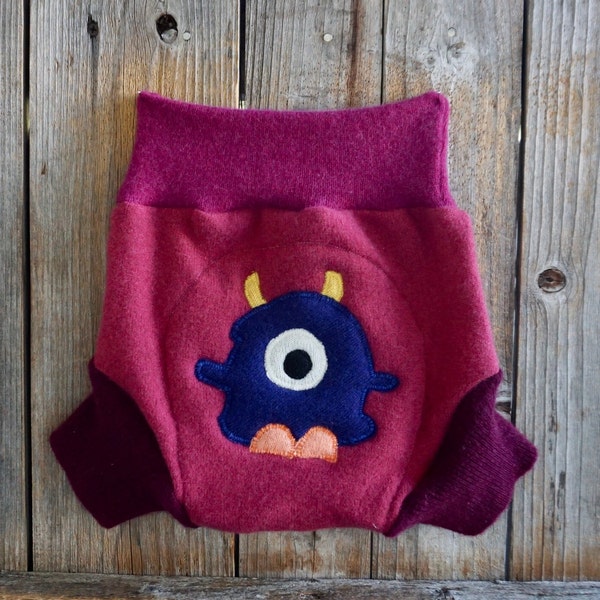 Upcycled Cashmere Soaker Cover Diaper Cover Shorties With Added Doubler Girly Colors Patchwork With Monster Applique LARGE 12-24 Months