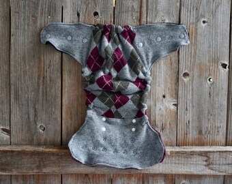 Upcycled Cashmere Nappy Cover Diaper Cover Wool Wrap One Size Fits Most Gray Argyle Pattern With Sewn In Doubler/ Black & Burgundy