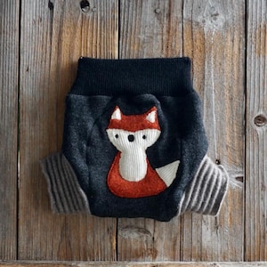 Upcycled Cashmere Diaper Cover (3-6 Months) - Blue Fox Applique