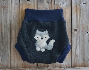 Upcycled  Cashmere /Wool Diaper Soaker Cover, Blue /Gray With Wolf  Applique LARGE (12-24 Months)