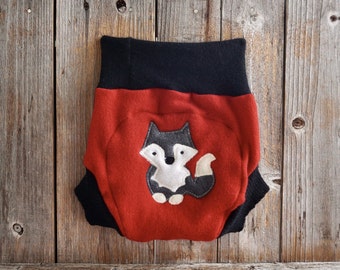 Upcycled Cashmere Soaker Cover Diaper Cover With Added Doubler Black /Red With Wolf Applique LARGE 12-24 Months