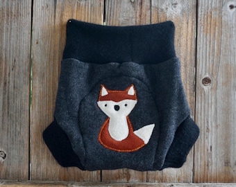Upcycled Cashmere Diaper Soaker Cover Charcoal Gray/ Black LARGE (12-24 Months) Fox Applique
