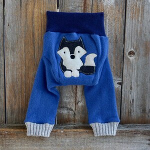 Upcycled Cashmere Longies Soaker Cover Diaper Cover With Added Doubler Blue With Wolf Applique NEWBORN 0-3 Months