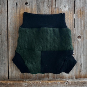 Upcycled Cashmere Diaper Cover Shorties: Green/Black Patchwork, 12-24 Months