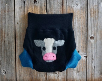 Upcycled Cashmere Diaper Cover Soaker Cover Shorties With Added Doubler Black/ Teal With Cow Applique MEDIUM 6-12 Months