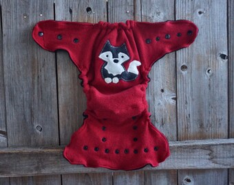 Upcycled Cashmere Nappy Cover Diaper Wrap Cloth Diaper Cover One Size Red With Wolf Applique & Extra Doubler/ Black