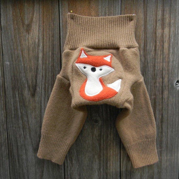 Upcycled Wool Longies Soaker Cover Diaper Cover With Added Doubler Beige With Fox Applique NEWBORN 0-3M