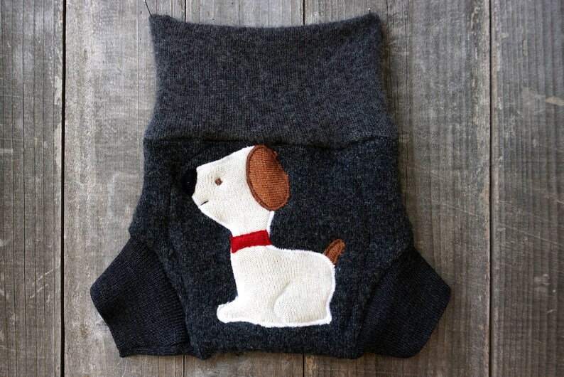 Upcycled Wool Cashmere Soaker Cover Diaper Cover With Added Doubler Charcoal Gray With Puppy Applique SMALL 3-6M Kidsgogreen