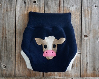 Upcycled Cashmere Soaker Cover Diaper Cover Shorties With Added Doubler Navy bLue/ Light Gray With Cow Applique LARGE 12-24 Months