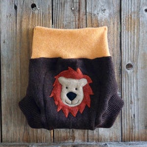 Upcycled Lambswool Cashmere Diaper Cover Shorties: Lion Applique (6-12 Months, Medium)