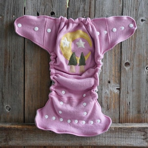 Upcycled Merino Wool/ Cashmere Nappy Cover Diaper Wrap Cloth Diaper Cover One Size Pink With Moon Applique & Added Doubler/ Oatmeal