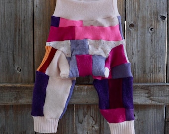 Upcycled Cashmere Longies, Girly Patchwork Soaker Cover LARGE (12-24 Months)