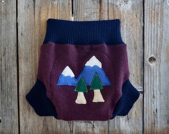 Upcycled Cashmere Soaker Cover Diaper Cover Shorties With Extra Doubler Burgundy / Navy Blue With Mountains Applique MEDIUM 6-12 Months