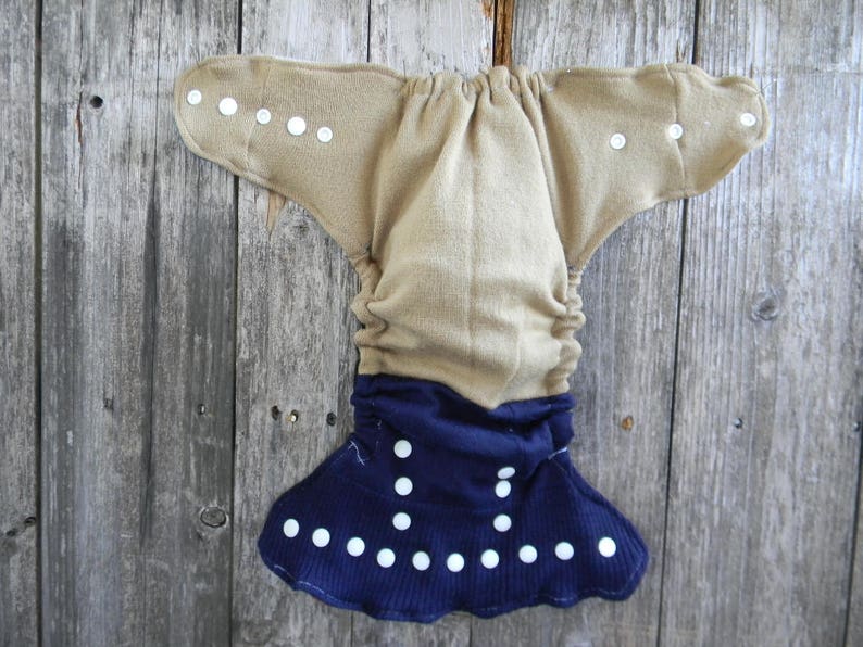 Upcycled Wool Nappy Cover Diaper Wrap Cloth Diaper One Size Fits Most Crazy Patchwork Scrappy With Star Applique BeigeNavy Blue