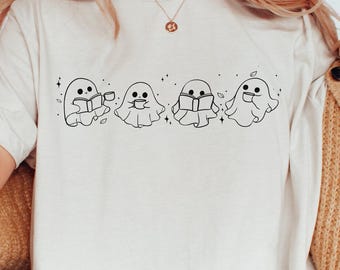 Comfort Colors® Cute Ghost Reading Books Shirt, Womens Halloween Shirt, Books Lover Halloween Shirt, Spooky Season, Bookish Halloween Shirts