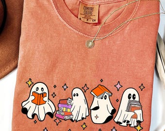 Comfort Colors® Ghost Reading Books Shirt, Bookish Halloween Shirt, Teacher Librarian Halloween Gift, Halloween School, Halloween Book Lover
