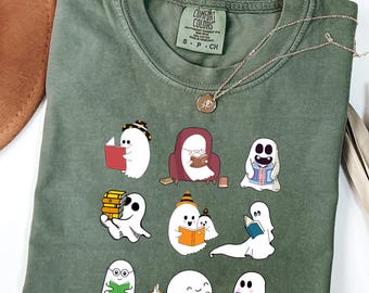 Comfort Colors® Ghost Reading Books Shirt, Bookish Halloween Shirt, Teacher Librarian Halloween Gift, Halloween School, Halloween Book Lover