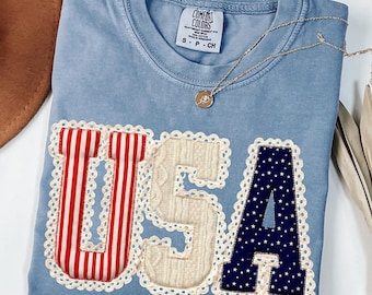 Comfort Colors® USA 1776 Floral Faux Patchwork Shirt, 4th of July T Shirt, Unisex Independence Day Shirt, Patriotic Varsity Graphic T-shirts