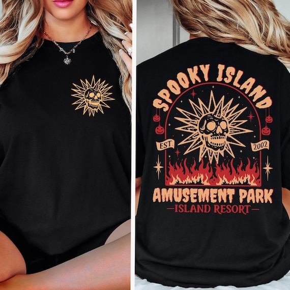 2 Sided Spooky Island Amusement Park Shirt, Retro 2000s Halloween Movie Shirt, Comfort Colors®, 90s Nostalgia Halloween Shirt, Summer Spooky