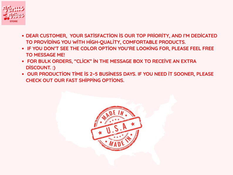 Może przedstawiać: R&oacute;żowe tło z tekstem w kolorze czerwonym i czarnym. Zawiera tekst "Venus Vibes Store". Tekst podkreśla zaangażowanie sprzedawcy w jakość i zadowolenie klienta oraz czas produkcji.