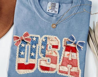 USA Faux Patchwork Unisex Comfort Colors® Shirt, Vintage Patriotic Americana Floral T-shirt, Cute 4th of July Quilt Style Shirt, USA T-shirt